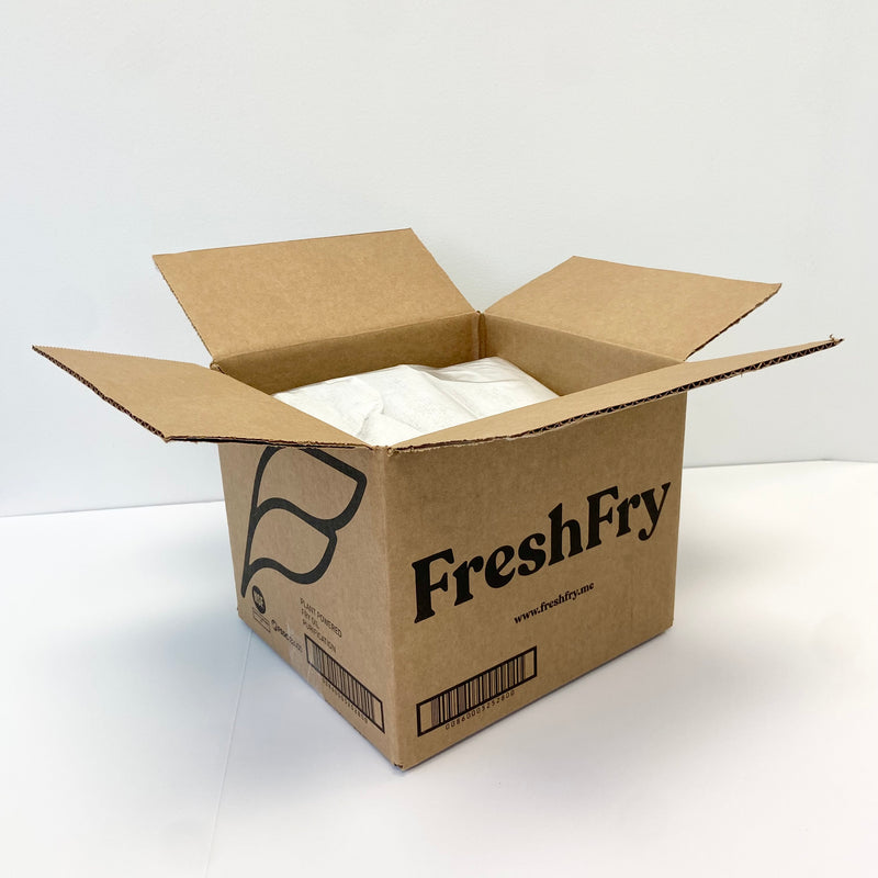 A 21-count case of FreshFry Pods, with the Box Open. Package contains 3 bags with 7 Pods inside, each.